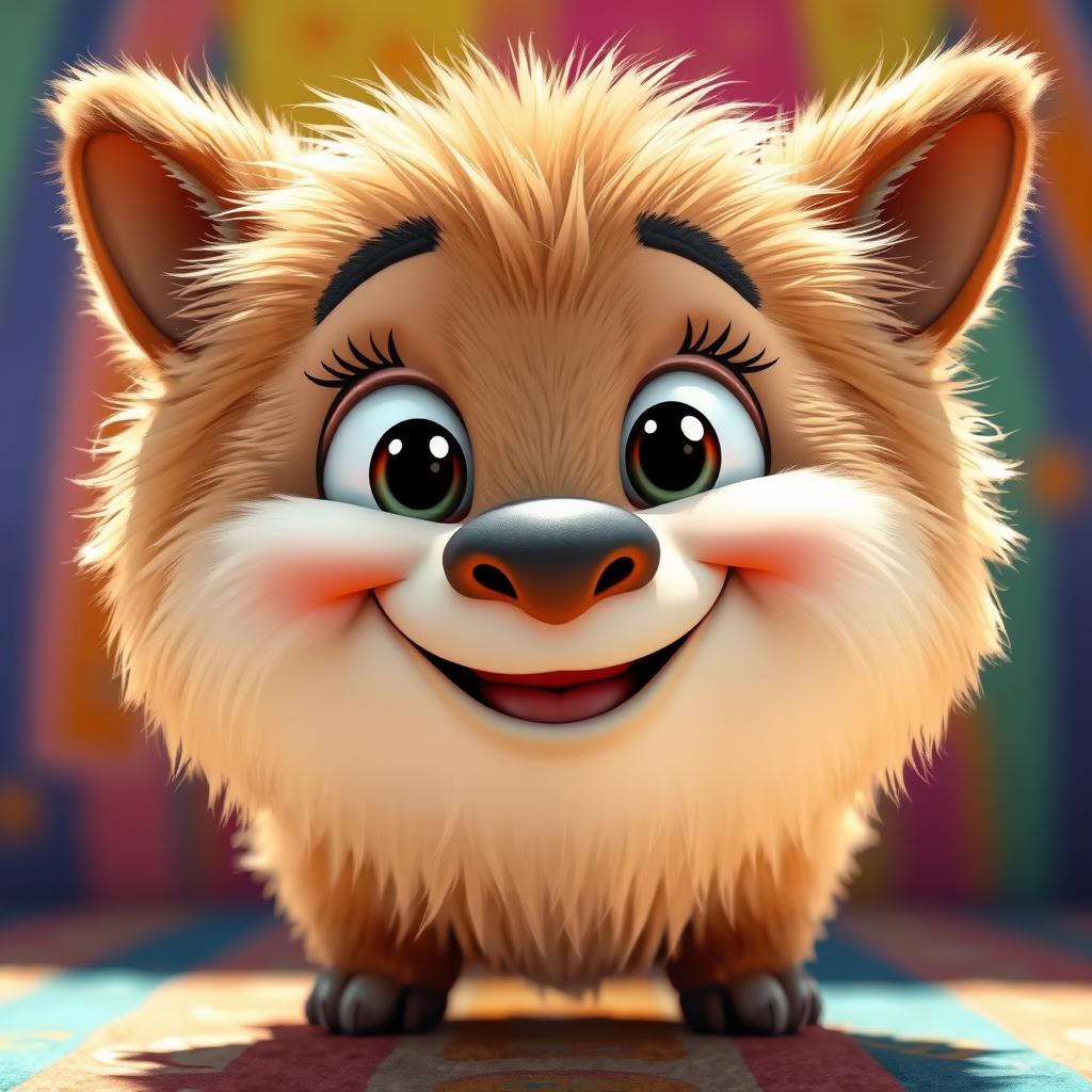 A fluffy animal facing forward, with a big, cheerful smile on its face