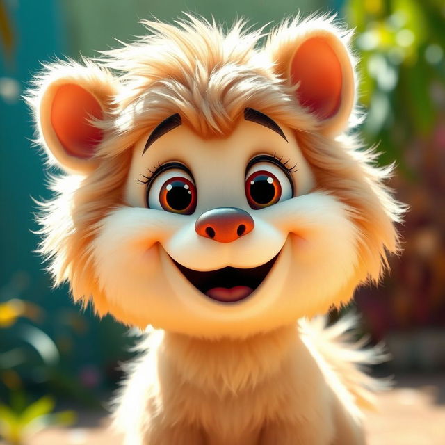 A fluffy animal facing forward, with a big, cheerful smile on its face