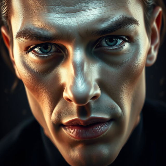 A photorealistic image featuring a highly detailed face, showcasing epic cinematic lighting that enhances the sharp features and contours