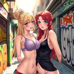 A vibrant anime-style scene featuring two attractive Russian girls