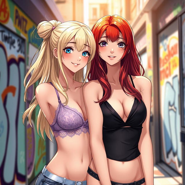 A vibrant anime-style scene featuring two attractive Russian girls