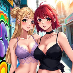 A vibrant anime-style scene featuring two attractive Russian girls