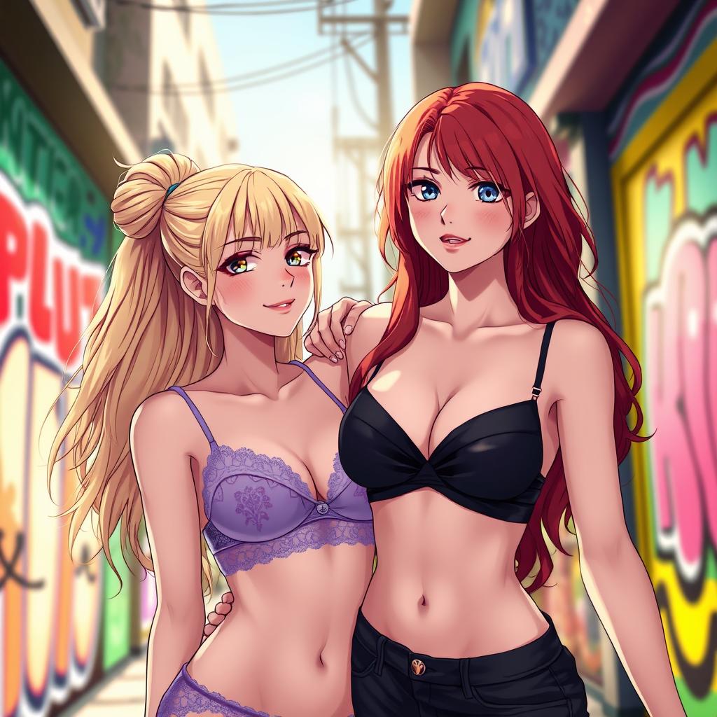 A vibrant anime-style scene featuring two attractive Russian girls