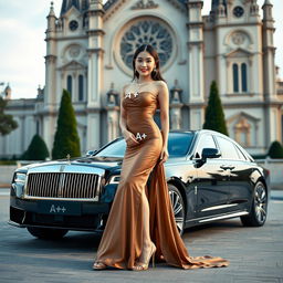 A beautiful Korean woman posing elegantly and attractively, wearing a long gown and high heels, standing next to a luxury car, facing the camera with a soft smile