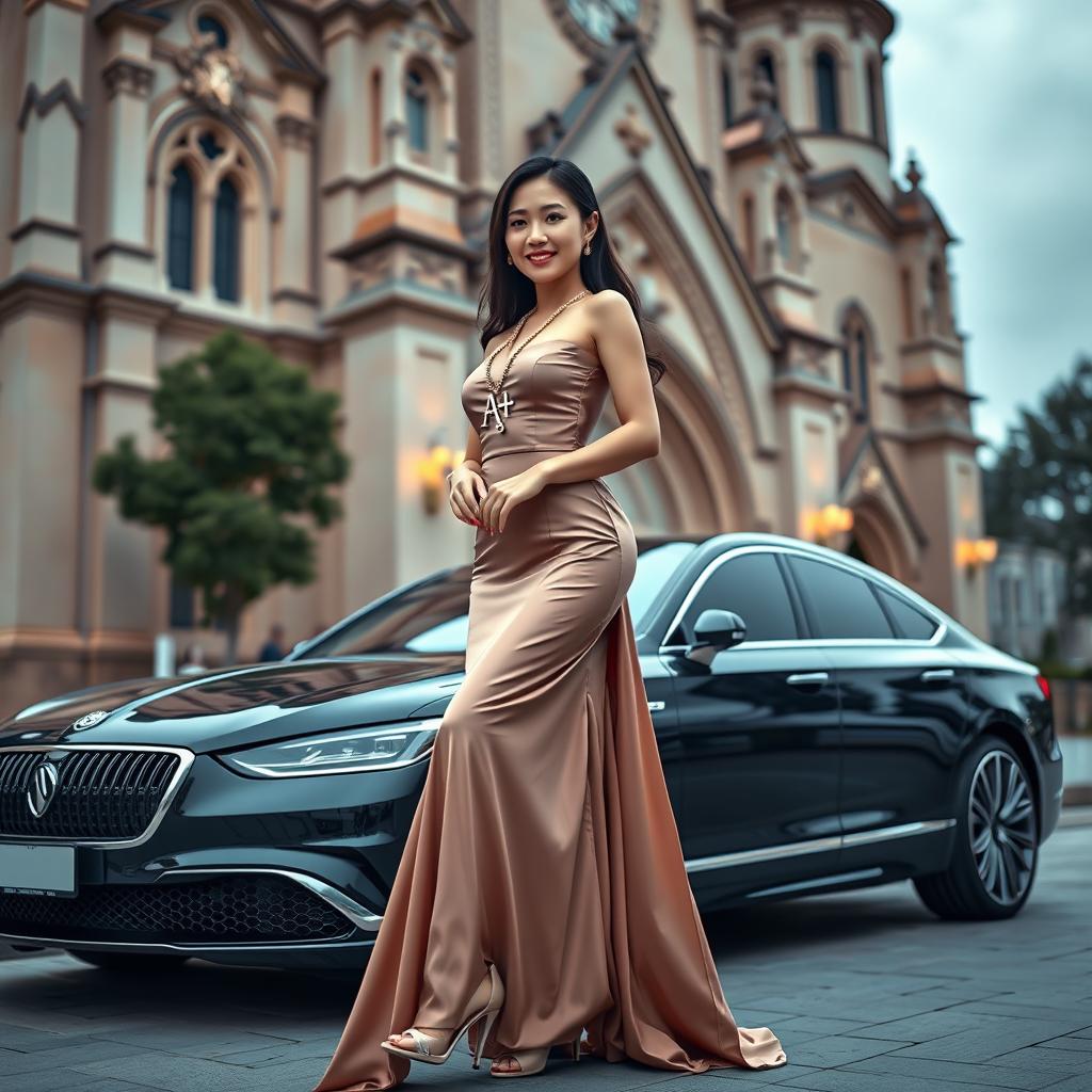 A beautiful Korean woman posing elegantly and attractively, wearing a long gown and high heels, standing next to a luxury car, facing the camera with a soft smile