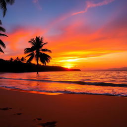 A breathtaking sunset over a tranquil beach, with vibrant orange and pink hues in the sky reflecting on the calm water