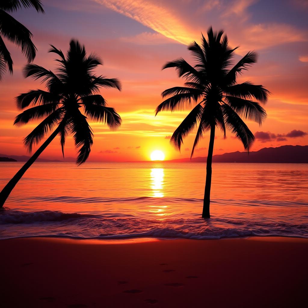 A breathtaking sunset over a tranquil beach, with vibrant orange and pink hues in the sky reflecting on the calm water