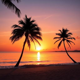 A breathtaking sunset over a tranquil beach, with vibrant orange and pink hues in the sky reflecting on the calm water