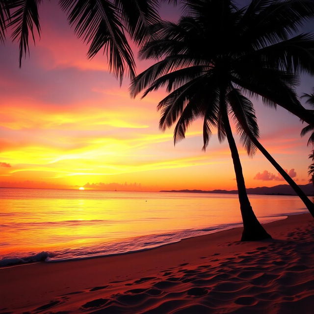 A breathtaking sunset over a tranquil beach, with vibrant orange and pink hues in the sky reflecting on the calm water