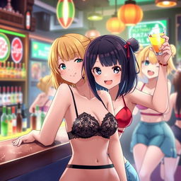 A lively anime-inspired scene set in a bustling bar featuring two attractive girls