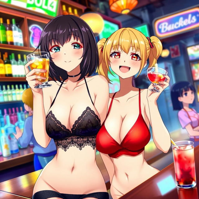 A lively anime-inspired scene set in a bustling bar featuring two attractive girls