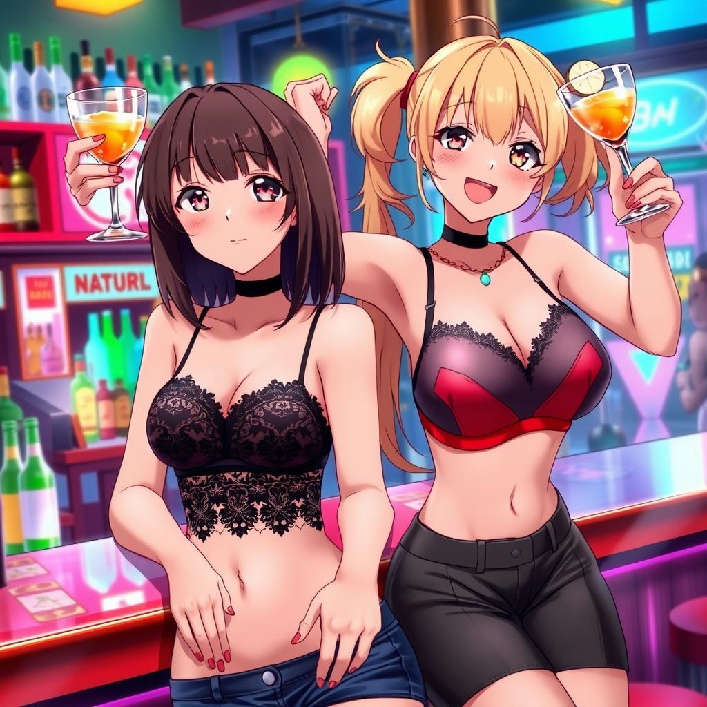 A lively anime-inspired scene set in a bustling bar featuring two attractive girls