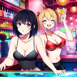 A lively anime-inspired scene set in a bustling bar featuring two attractive girls