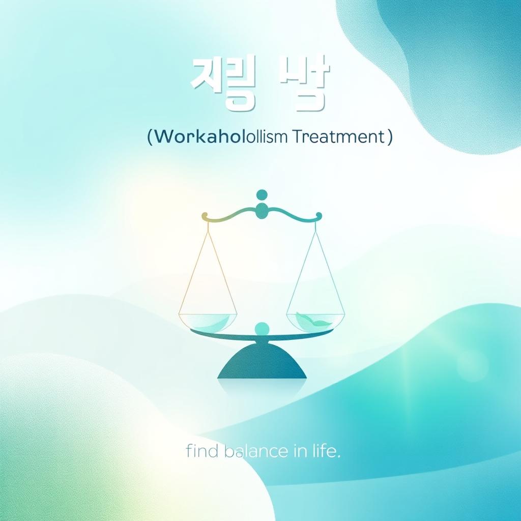 A visually striking poster design for a therapy program titled 'علاج انشغالي' (Workaholism Treatment) featuring calming colors like soft blues and greens