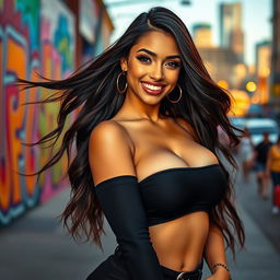 A stunningly beautiful young woman with large breasts, wearing a stylish outfit that accentuates her figure