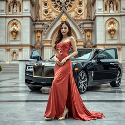 A beautiful Korean woman posing elegantly and attractively, wearing a long gown and high heels, standing next to a luxurious car facing the camera with a gentle smile