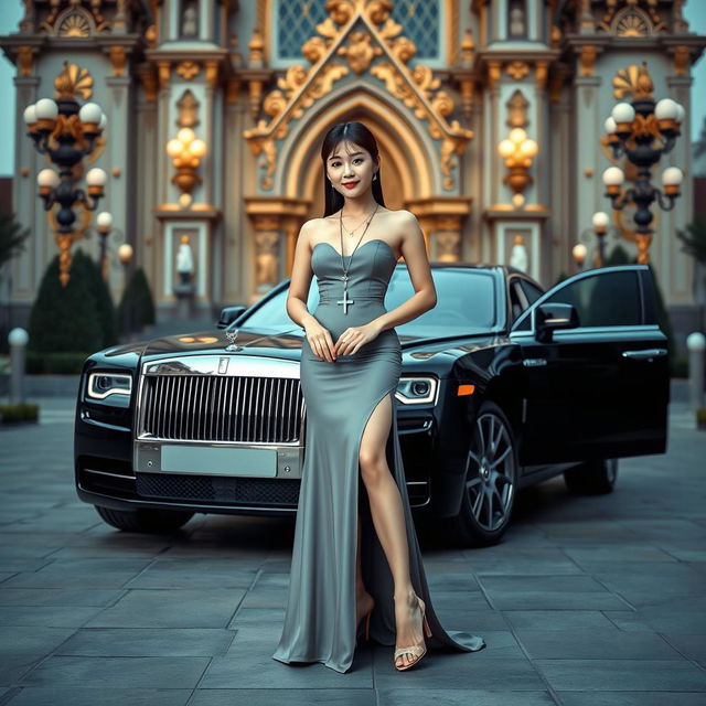 A beautiful Korean woman posing elegantly and attractively, wearing a long gown and high heels, standing next to a luxurious car facing the camera with a gentle smile