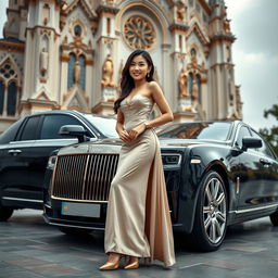 A beautiful Korean woman posing elegantly and attractively, wearing a long gown and high heels, standing next to a luxurious car facing the camera with a gentle smile