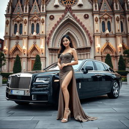 A beautiful Korean woman posing elegantly and attractively, wearing a long gown and high heels, standing next to a luxurious car facing the camera with a gentle smile