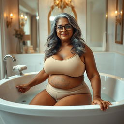 A plus-size dusky Indian mature woman, 50 years old, with long grey hair and glasses, exuding sensuality as she poses in a luxurious bathtub in a beautifully designed bathroom