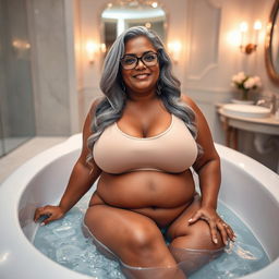 A plus-size dusky Indian mature woman, 50 years old, with long grey hair and glasses, exuding sensuality as she poses in a luxurious bathtub in a beautifully designed bathroom