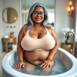 A plus-size dusky Indian mature woman, 50 years old, with long grey hair and glasses, exuding sensuality as she poses in a luxurious bathtub in a beautifully designed bathroom