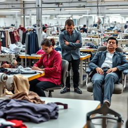 A garment manufacturing scene featuring four operators