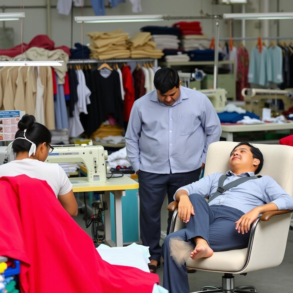 A garment manufacturing scene featuring four operators