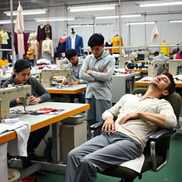 A garment manufacturing scene featuring four operators