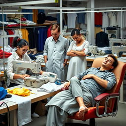A garment manufacturing scene featuring four operators