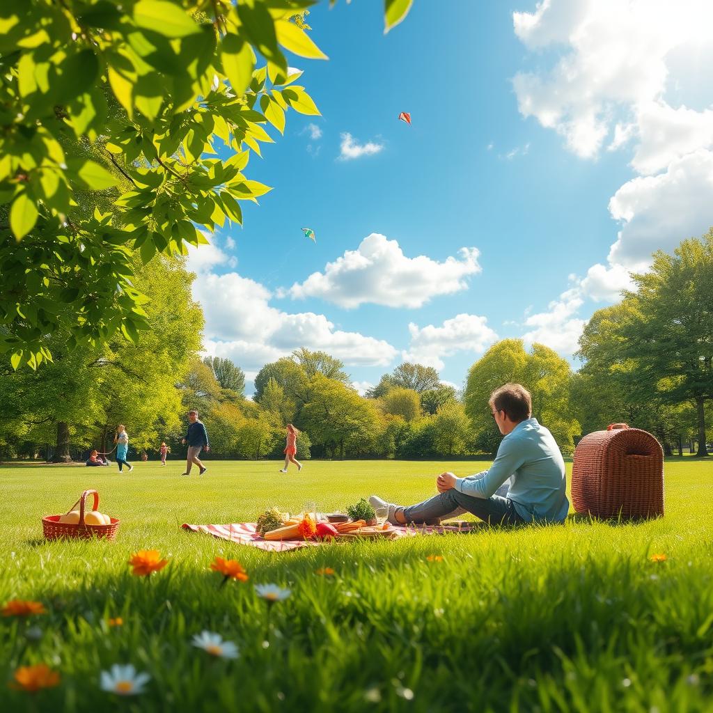 A serene and peaceful scene depicting a beautiful Friday morning in a lush green park