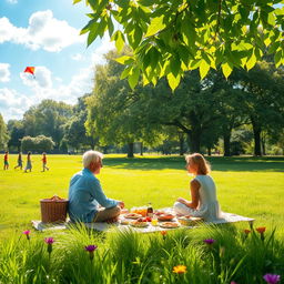A serene and peaceful scene depicting a beautiful Friday morning in a lush green park