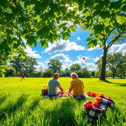 A serene and peaceful scene depicting a beautiful Friday morning in a lush green park