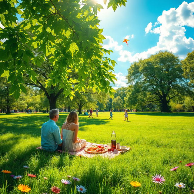 A serene and peaceful scene depicting a beautiful Friday morning in a lush green park