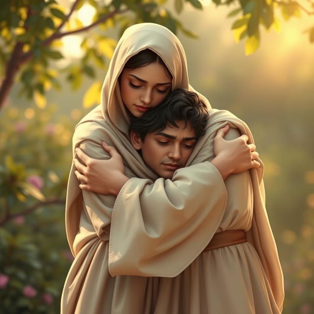 A heartfelt scene depicting Hazrat Zahra embracing Mazakhmi, showcasing deep compassion and warmth