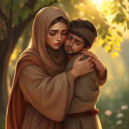 A heartfelt scene depicting Hazrat Zahra embracing Mazakhmi, showcasing deep compassion and warmth