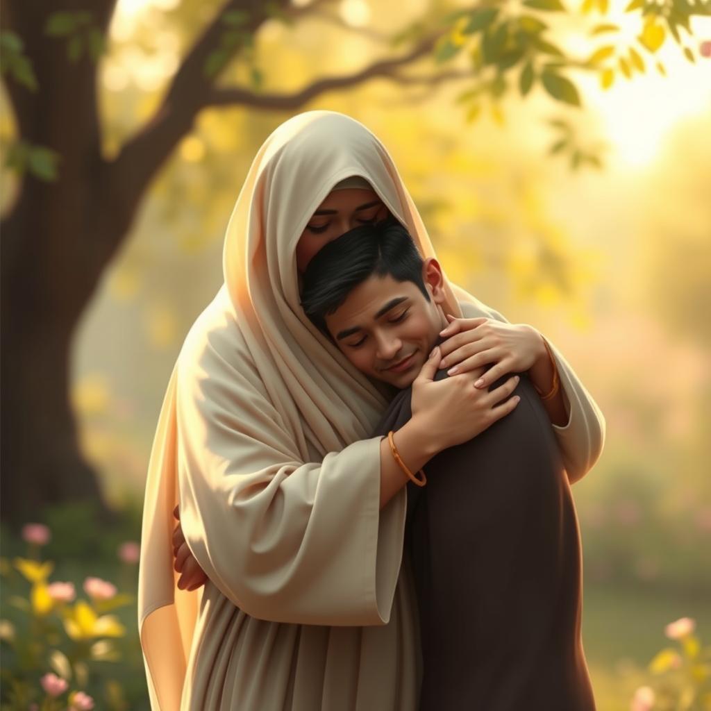 A heartfelt scene depicting Hazrat Zahra embracing Mazakhmi, showcasing deep compassion and warmth