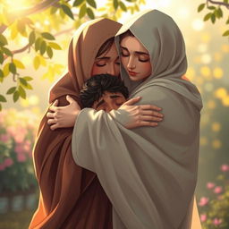 A heartfelt scene depicting Hazrat Zahra embracing Mazakhmi, showcasing deep compassion and warmth