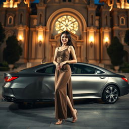 A beautiful Korean woman posing elegantly and attractively, wearing a long dress and high heels, standing next to a car facing the camera with a gentle smile