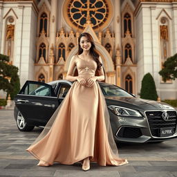 A beautiful Korean woman posing elegantly and attractively, wearing a long dress and high heels, standing next to a car facing the camera with a gentle smile
