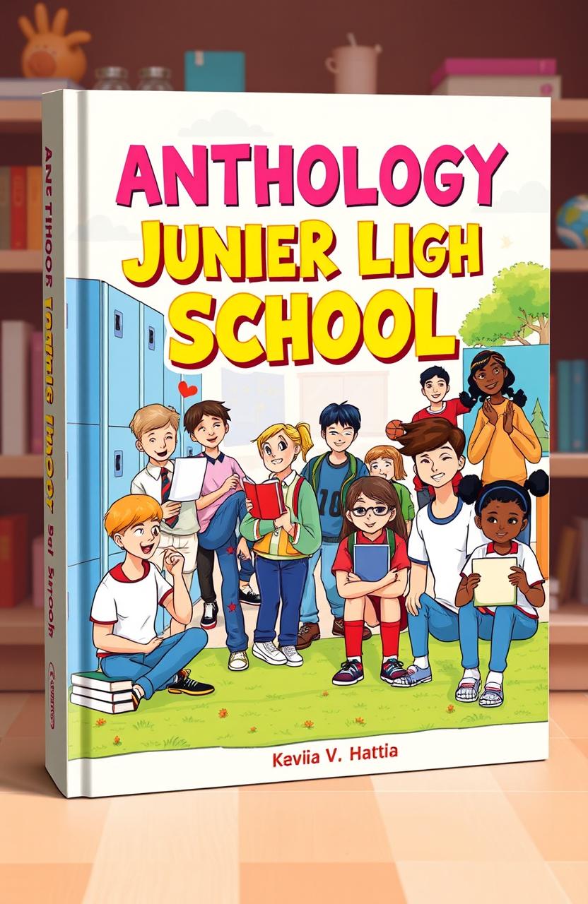 An anthology book cover design for junior high school students, featuring a colorful and engaging illustration of a diverse group of students in a school setting