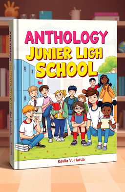 An anthology book cover design for junior high school students, featuring a colorful and engaging illustration of a diverse group of students in a school setting