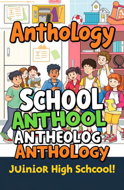 An anthology book cover design for junior high school students, featuring a colorful and engaging illustration of a diverse group of students in a school setting
