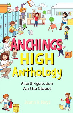 An anthology book cover design for junior high school students, featuring a colorful and engaging illustration of a diverse group of students in a school setting