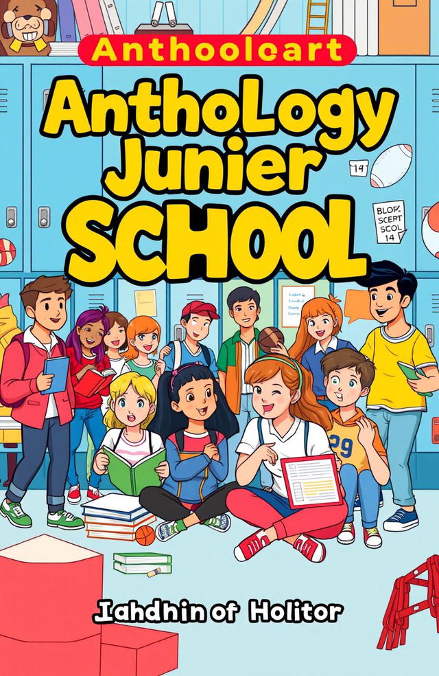 An anthology book cover design for junior high school students, featuring a colorful and engaging illustration of a diverse group of students in a school setting