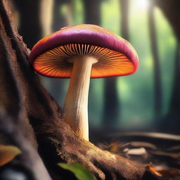 An image showcasing a vibrant mushroom, growing on the rough bark of a tree nestled within an obscure cave