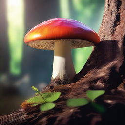 An image showcasing a vibrant mushroom, growing on the rough bark of a tree nestled within an obscure cave