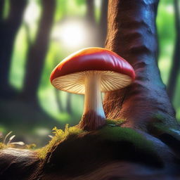 An image showcasing a vibrant mushroom, growing on the rough bark of a tree nestled within an obscure cave