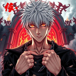 A captivating manga light novel cover featuring a striking male character with shaggy white hair, his piercing flaming eye conveying intensity and emotion