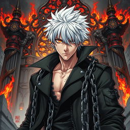 A captivating manga light novel cover featuring a striking male character with shaggy white hair, his piercing flaming eye conveying intensity and emotion